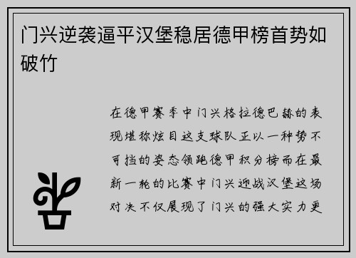 门兴逆袭逼平汉堡稳居德甲榜首势如破竹