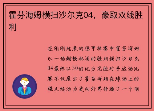 霍芬海姆横扫沙尔克04，豪取双线胜利